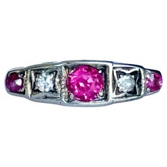 Antique Art Deco 18 Carat Gold and Platinum Diamond and Ruby Five-Stone Ring