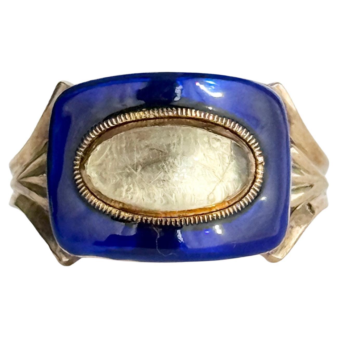 Anillo victoriano de oro de 9 quilates con esmalte azul y cristal en venta