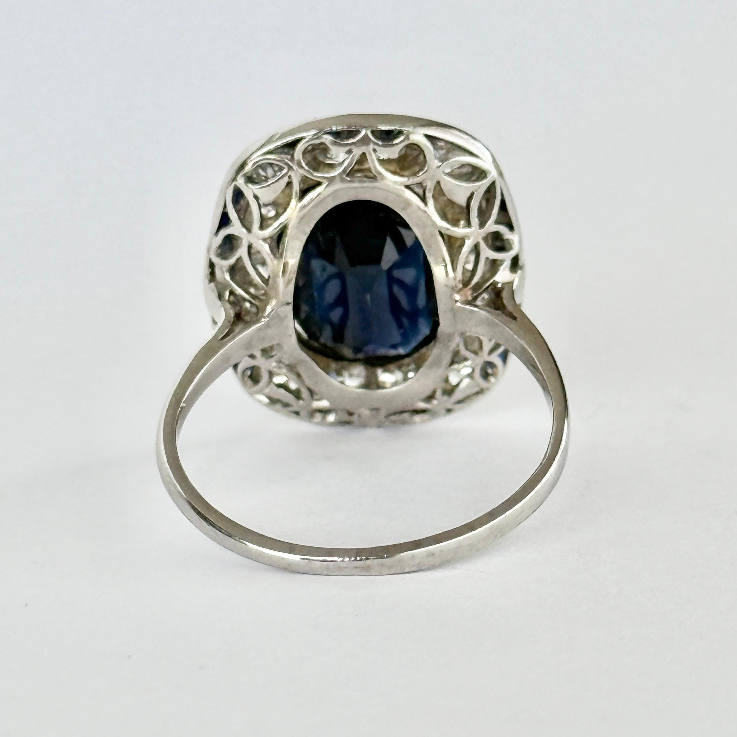Art Deco Saphir und Diamant Platin Cluster Panel Ring Damen im Angebot