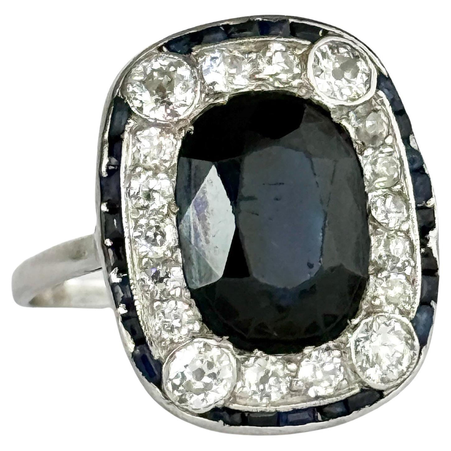 Art Deco Saphir und Diamant Platin Cluster Panel Ring im Angebot
