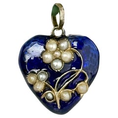 Victorian Blue Enamel and Pearl 9 Carat Gold Locket Pendant Necklace