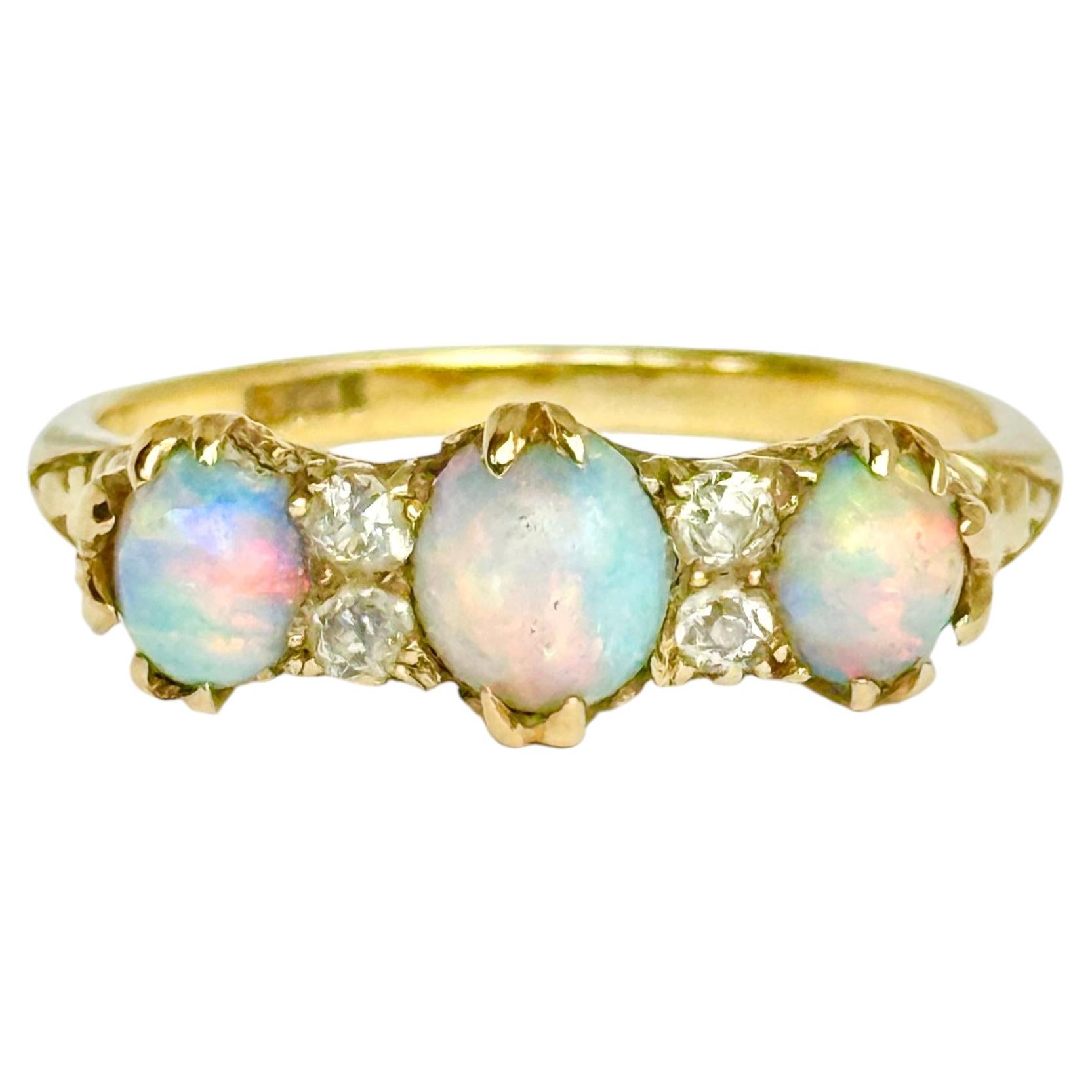 Vintage 9 Carat Gold Opal and Diamond Three Stone Ring