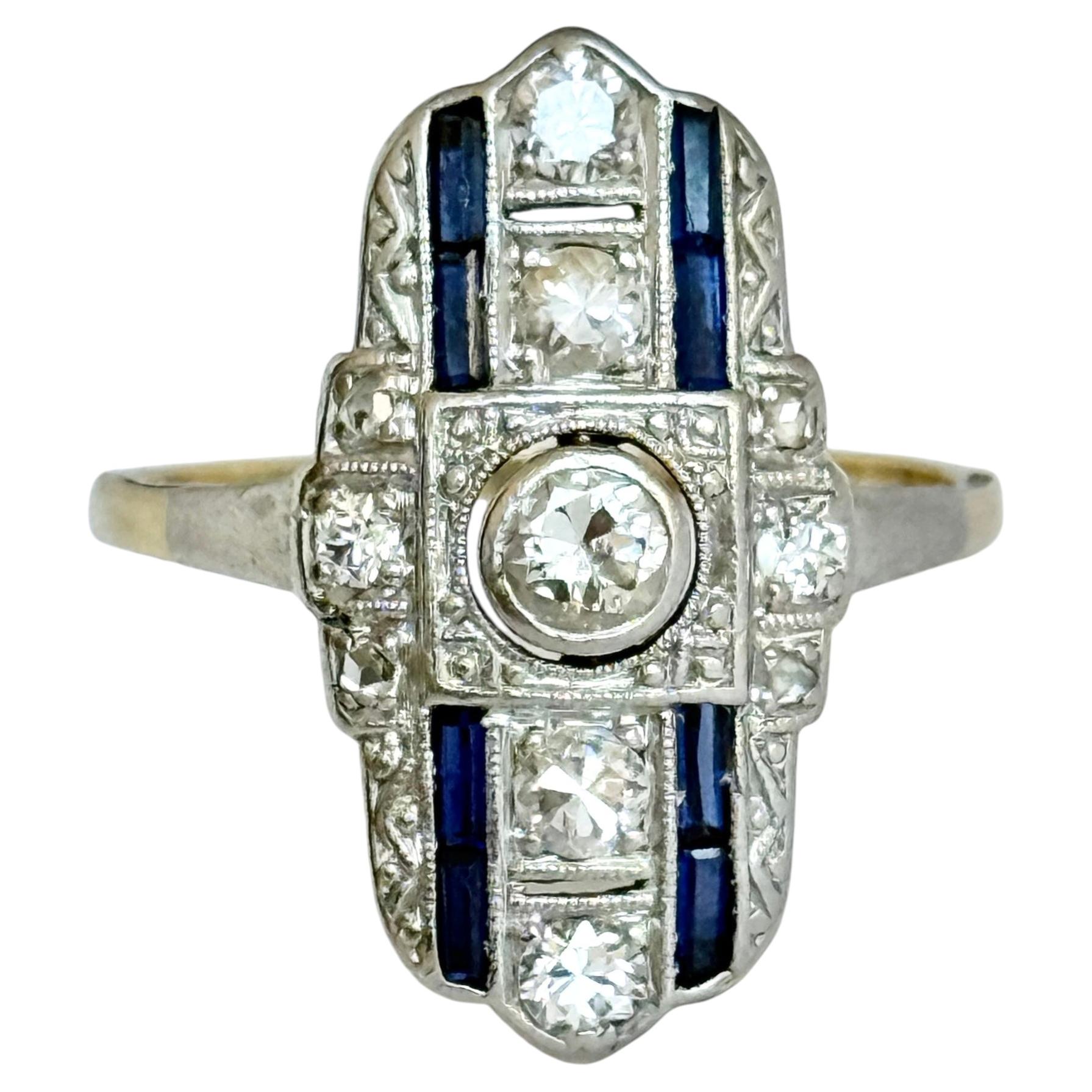 Art Deco Sapphire and Diamond 18 Carat Gold Panel Ring For Sale
