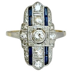 Art Deco Sapphire and Diamond 18 Carat Gold Panel Ring