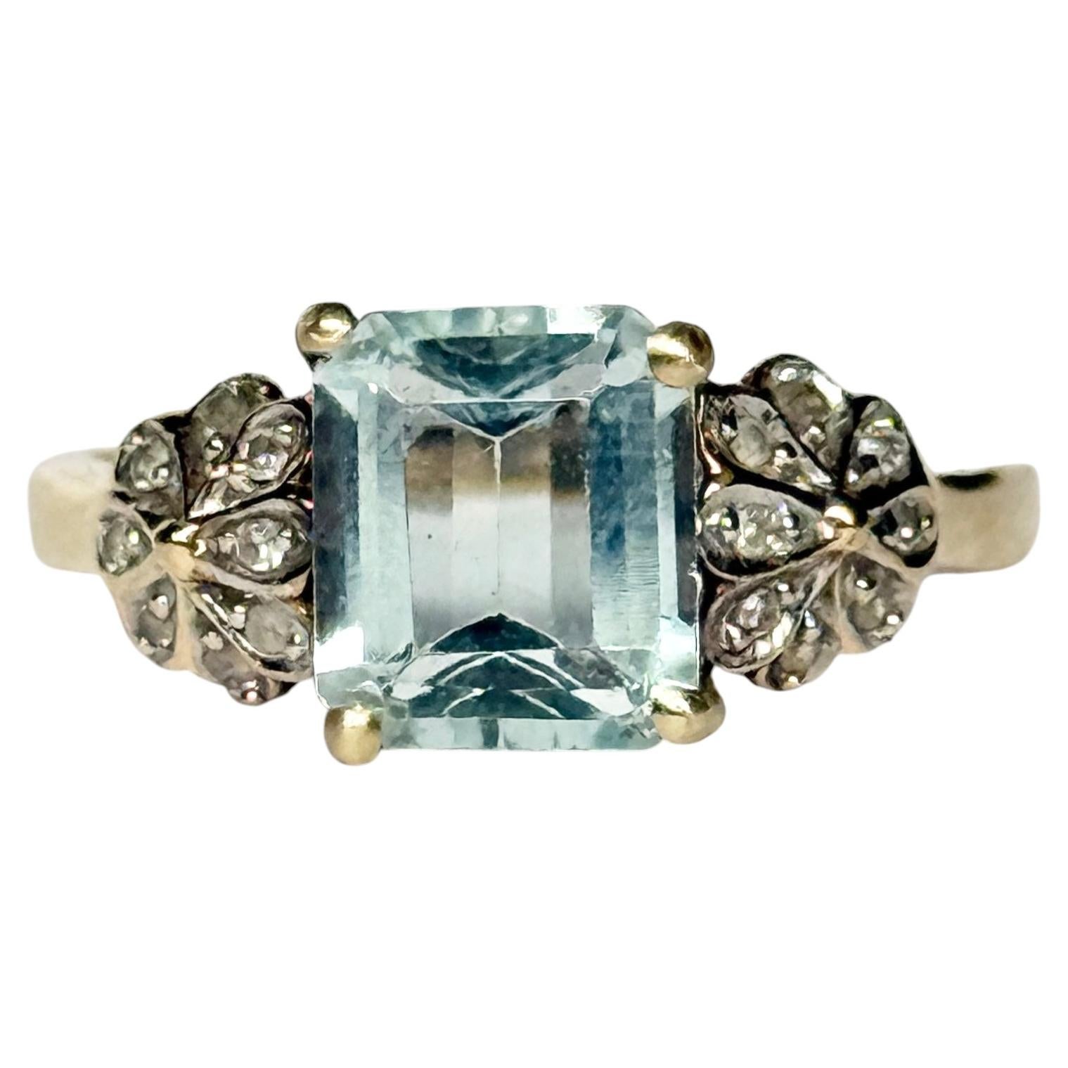 Vintage Aquamarine and Diamond 9 Carat Gold Solitaire Ring