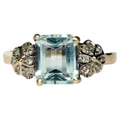 Vintage Aquamarine and Diamond 9 Carat Gold Solitaire Ring