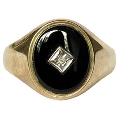 Vintage Onyx and Diamond 9 Carat Gold Signet Ring
