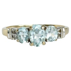 Vintage Aqua and Diamond 9 Carat Gold Three-Stone Ring