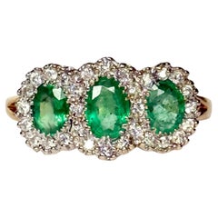 Vintage Emerald and Diamond 9 Carat Gold Triple Cluster Ring