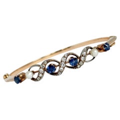 Vintage Sapphire, Pearl and Diamond 15 Carat Gold Bangle