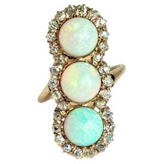 Vintage 14 Carat Gold Opal and Diamond Three Stone Ring