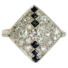 Anillo Panel Art Decó Zafiro y Diamante Oro 18 Quilates