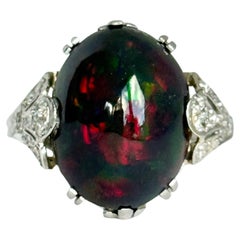 Art Deco Black Opal and Diamond Platinum Solitaire Ring