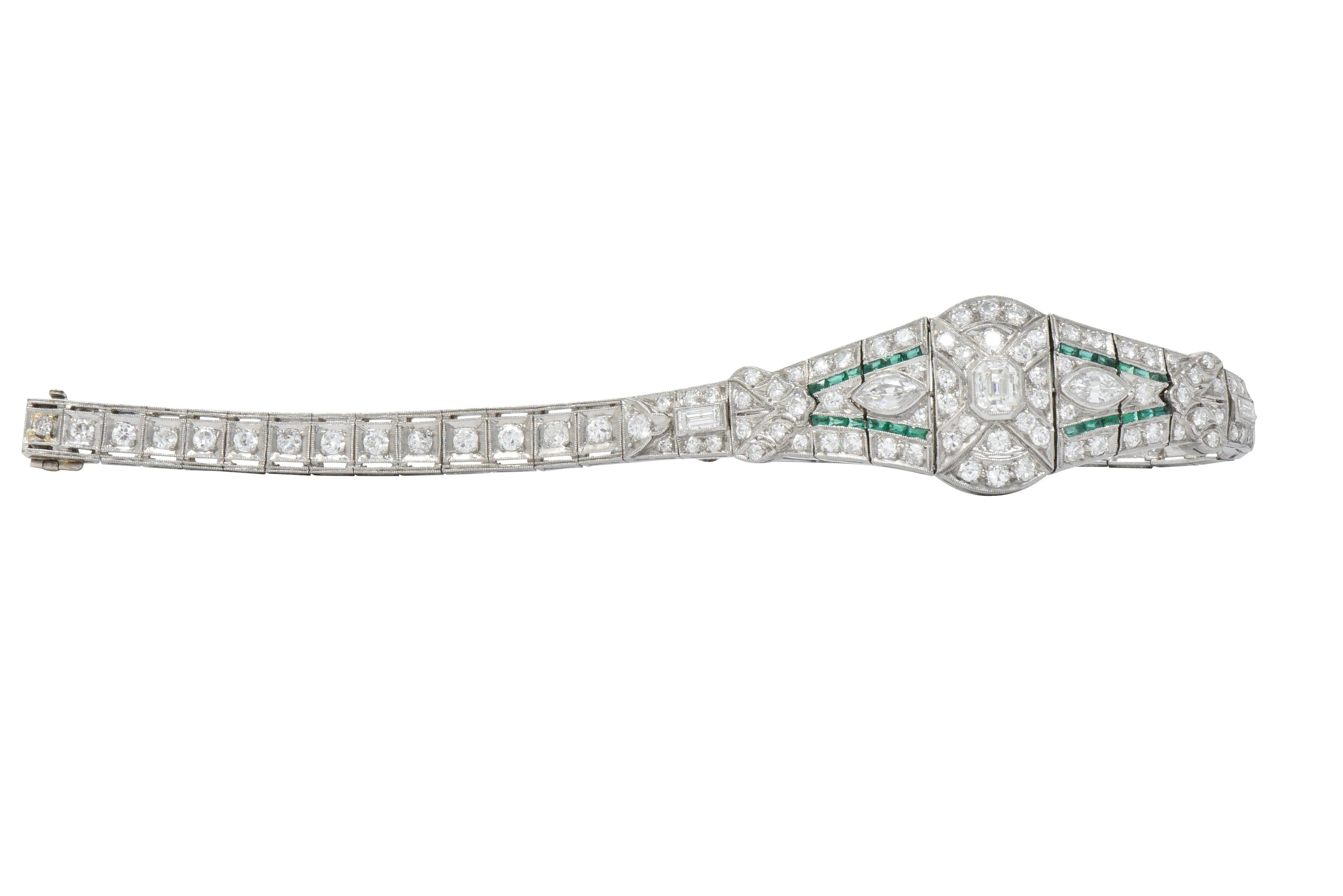 1920s 5.40 Carat Diamond Emerald Platinum Art Deco Bracelet 1