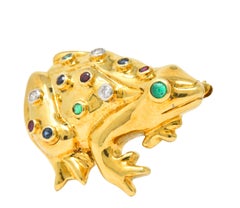 Vintage 1.25 Carat Diamond Emerald Ruby Sapphire 18 Karat Gold Frog Brooch