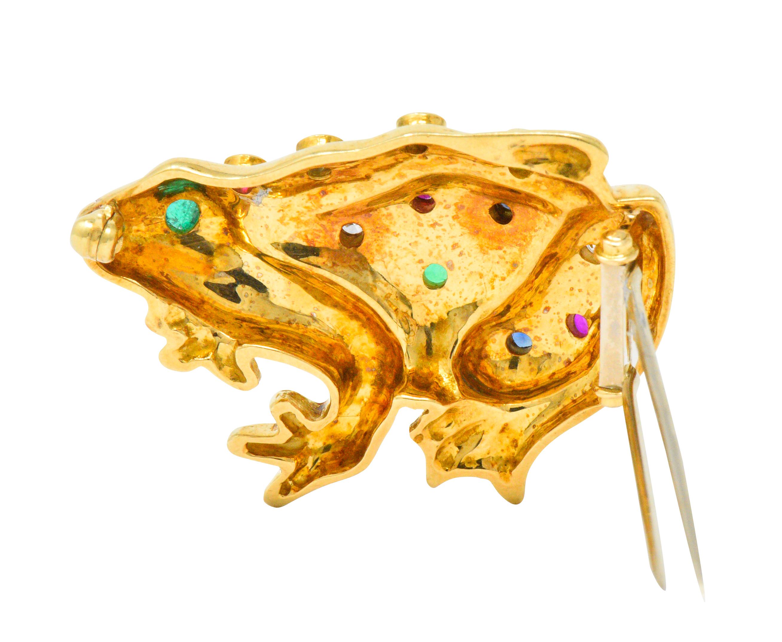 Round Cut Vintage 1.25 Carat Diamond Emerald Ruby Sapphire 18 Karat Gold Frog Brooch
