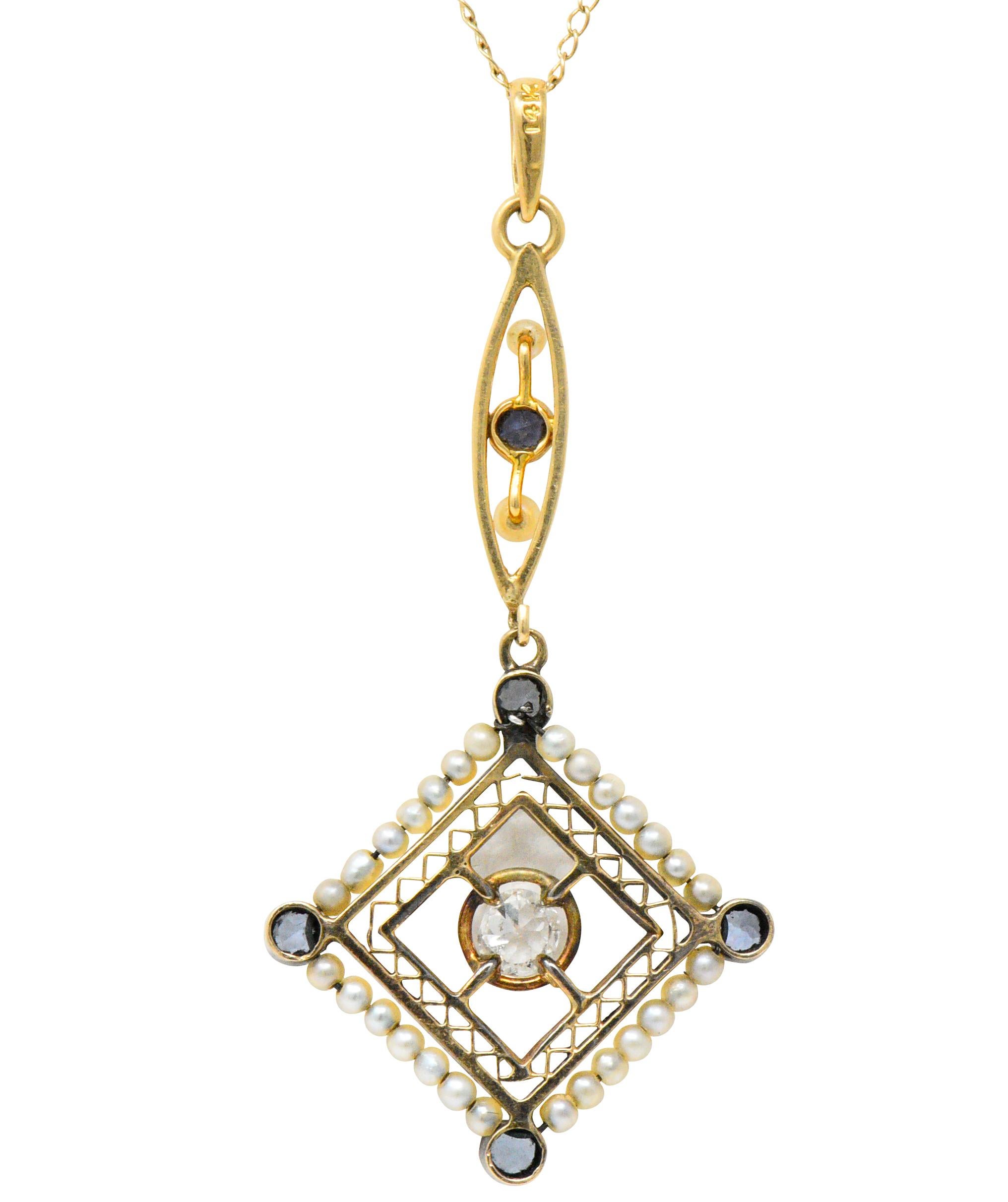 Victorian Diamond Sapphire Seed Pearl 14 Karat Gold Pendant Necklace 2
