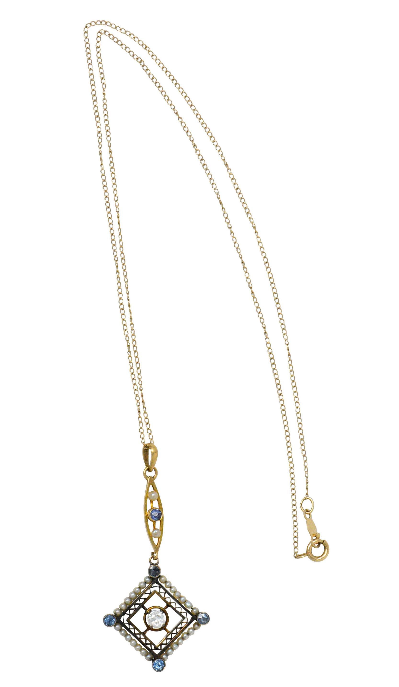 Victorian Diamond Sapphire Seed Pearl 14 Karat Gold Pendant Necklace 3