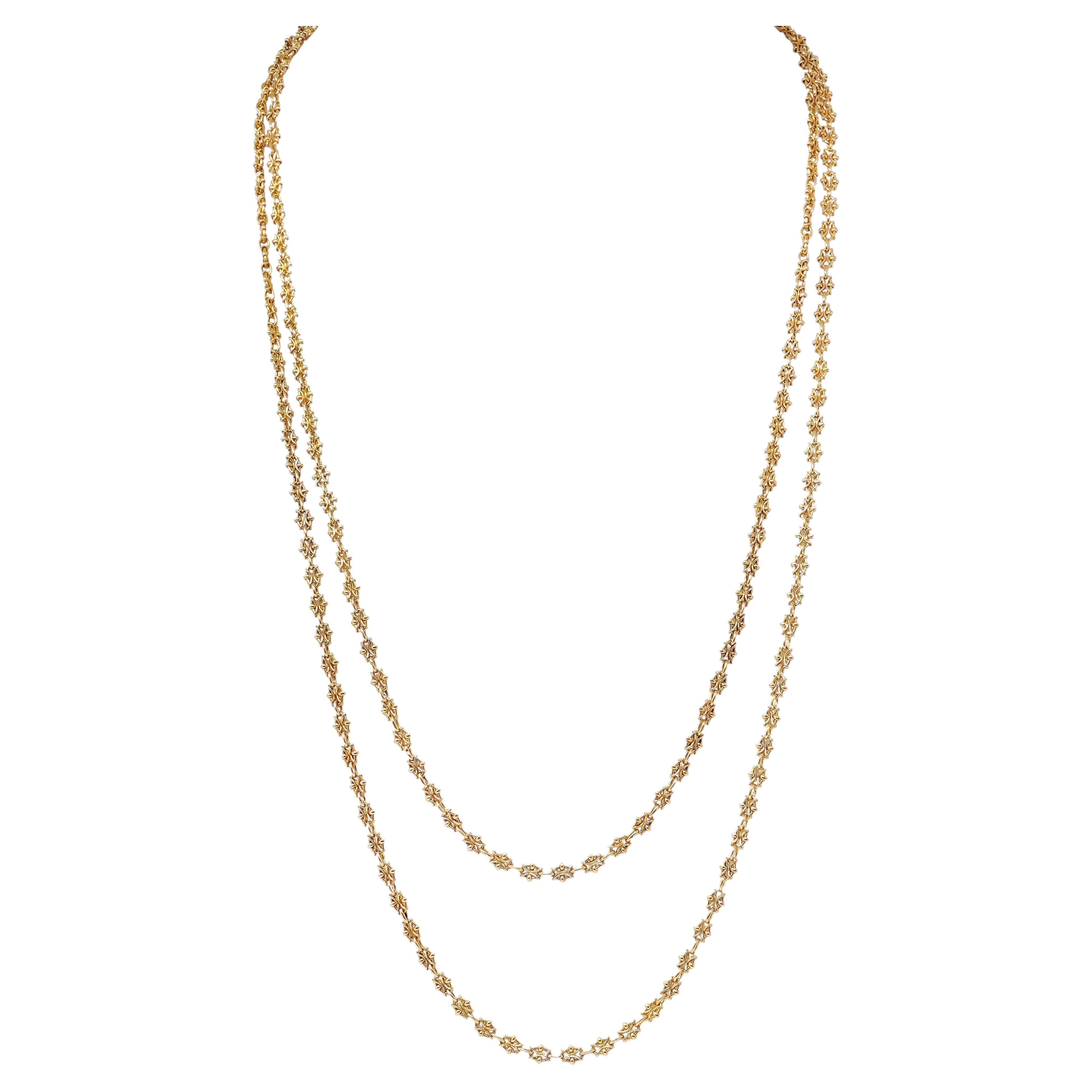 Victorian French 18 Karat Yellow Gold Fancy Link 61 IN Antique Chain Necklace For Sale