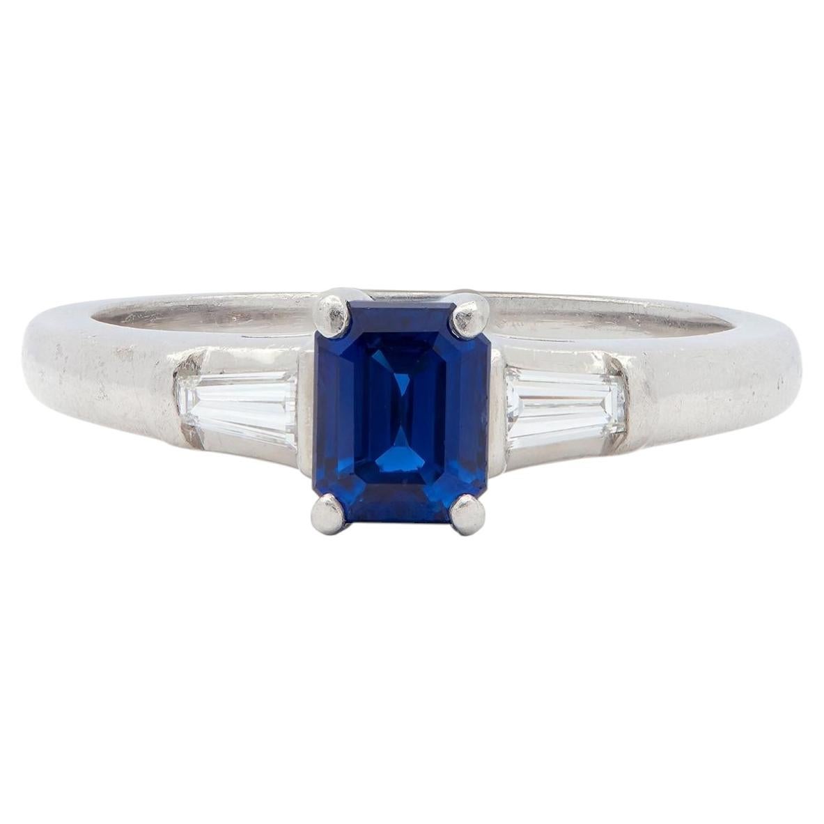 Tiffany & Co. 1950's Sapphire Diamond Platinum Vintage Three Stone Ring For Sale