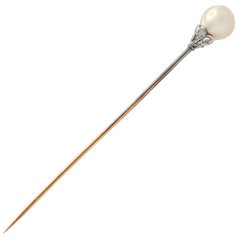 Edwardian Pearl Diamond 14 Karat Yellow Gold Platinum Antique Stickpin GIA