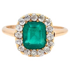 Victorian 2.51 CTW Colombian Emerald Diamond 14K Gold Antique Halo Ring GIA