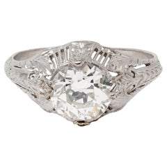 Art Deco Old European Cut Diamond Platinum Antique Scroll Engagement Ring GIA