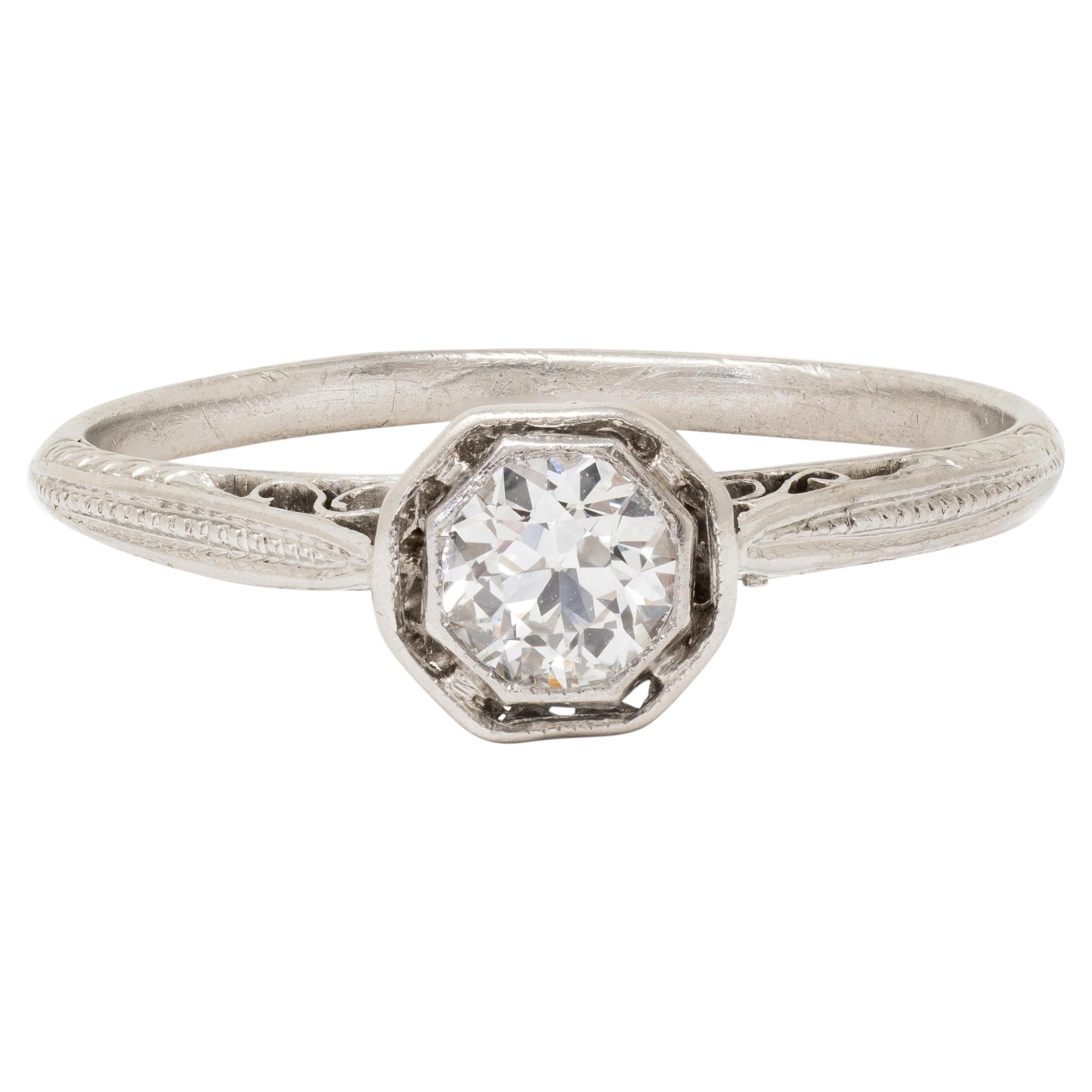Edwardian Old European Diamond Platinum Antique Basket Filigree Engagement Ring For Sale