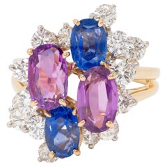 Oscar Heyman 1980's Sapphire Diamond 18K Gold Platinum Vintage Cluster Ring