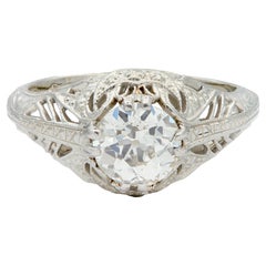 Anillo de compromiso de estilo Art Déco con un diamante de 1,02 CTW de talla europea antigua, en oro blanco de 18 quilates