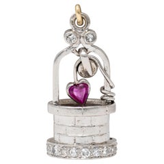 French Art Deco Diamond Ruby Platinum Vintage Heart Wishing Well Charm