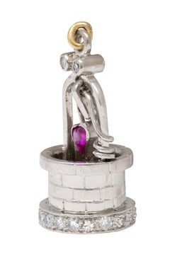 French Art Deco Diamond Ruby Platinum Vintage Heart Wishing Well Charm