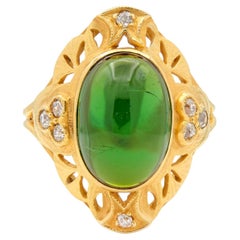 Art Nouveau Tourmaline Diamond 14 Karat Yellow Gold Antique Ginkgo Leaf Ring