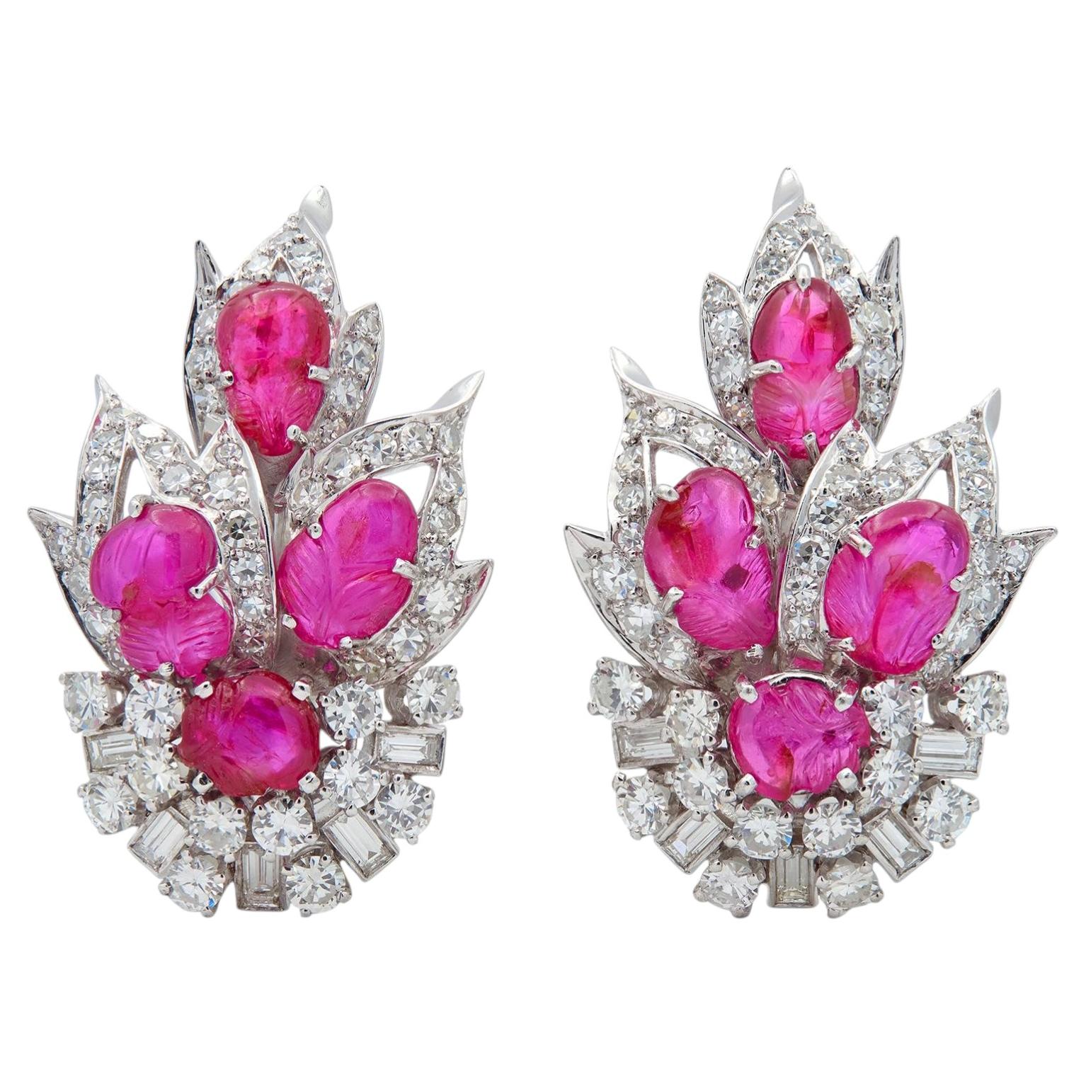 Mid-Century 10.75 CTW Carved Ruby Diamond Platinum Vintage Foliate Spray Earring For Sale