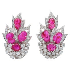 Mid-Century 10.75 CTW Carved Ruby Diamond Platinum Vintage Foliate Spray Earring