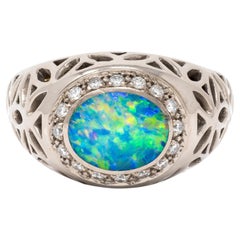 B & H 2000's Opal Diamond 18 Karat Two-Tone Gold Contemporary Foliate Halo Ring