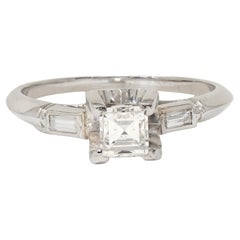 Mid-Century 0.70 CTW Carré Cut Diamond Platinum Vintage Engagement Ring