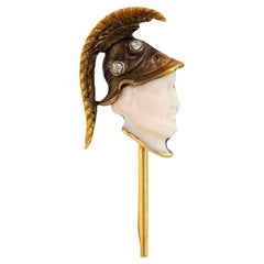 Victorian Shell Diamond 18K Yellow Gold Antique Roman Soldier Cameo Stickpin
