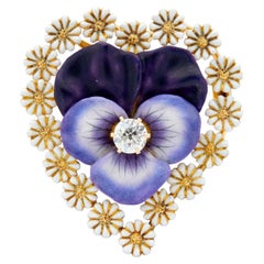 T.B. Starr Victorian 1885 Diamond Enamel 14K Gold Antique Pansy Daisy Brooch