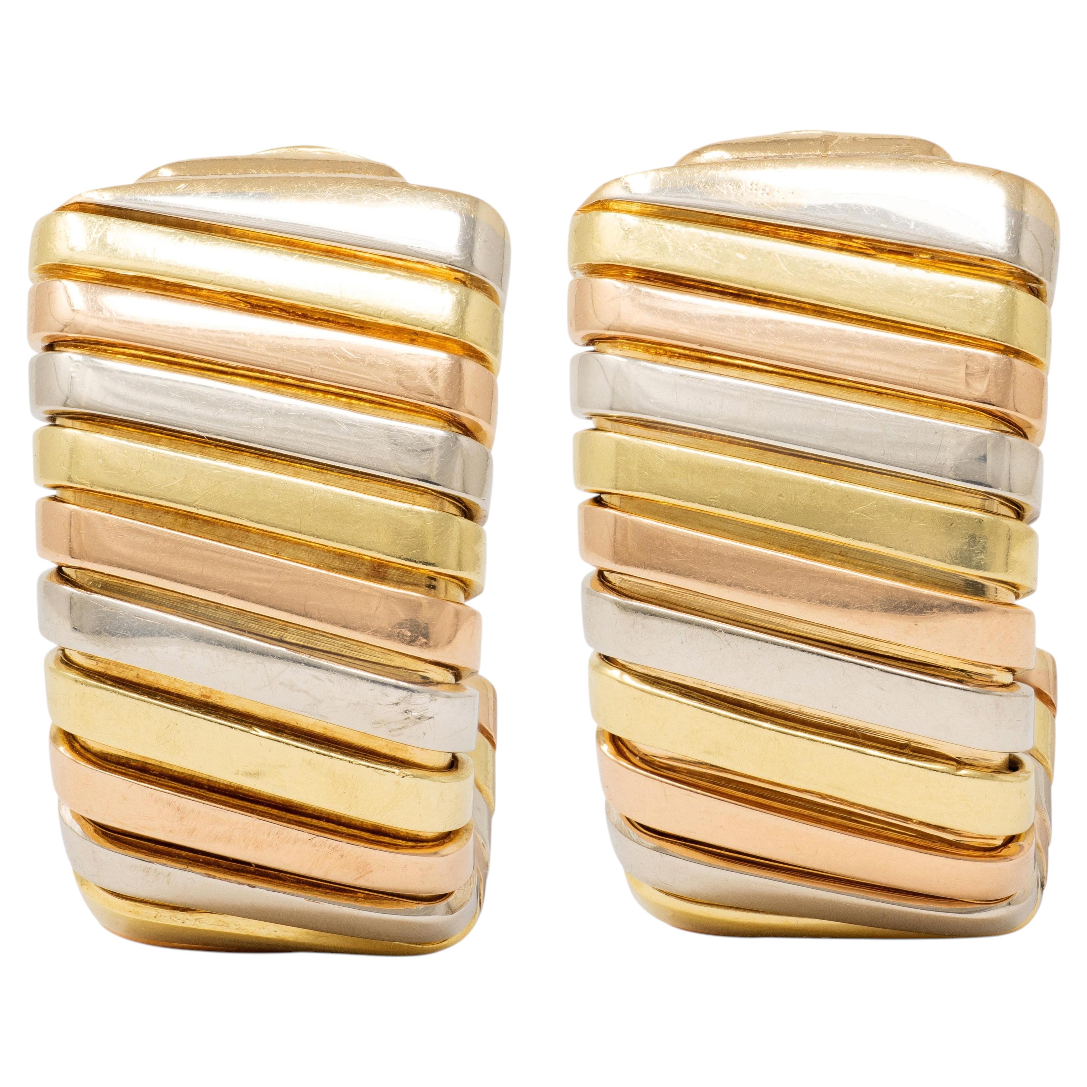 Bulgari 1980's 18K Tri-Colored Gold Vintage Tubogas J-Hoop Ear-Clip Earrings