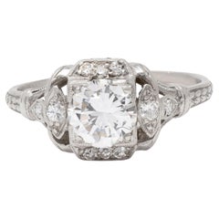 Anello di fidanzamento vintage in platino stile Art Déco con diamanti per un totale di 0,95 carati, motivo a spiga e fiori d’arancio