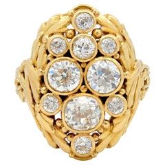 Art Nouveau 2.34 CTW Diamond 18 Karat Yellow Gold Antique Nest Cluster Ring