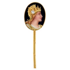 Victorian Old Mine Diamond Enamel 18K Gold Antique Greek Goddess Athena Stickpin