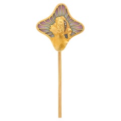 Art Nouveau Diamond Plique-A-Jour Enamel 18K Gold Antique Gibson Girl Stickpin
