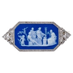Edwardian Blue Jasper Diamond Platinum Antique Neoclassical Cupid Cameo Brooch