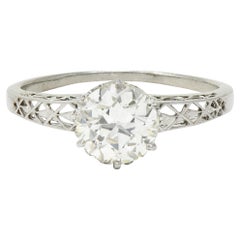 Art Deco Old European Diamond Platinum Fleur-De-Lis Solitaire Engagement Ring