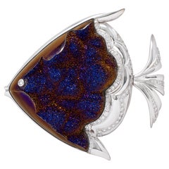 Mauboussin Paris 1990 Diamond Platinum Vintage Titania Drusy Quartz Fish Brooch