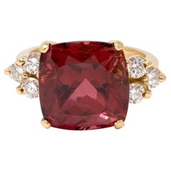 1980's Rubellite Tourmaline Diamond 18 Karat Yellow Gold Vintage Cocktail Ring