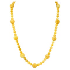 Gumps 1970's Yellow Jade 14K Yellow Gold Vintage Carved Beaded Strand Necklace