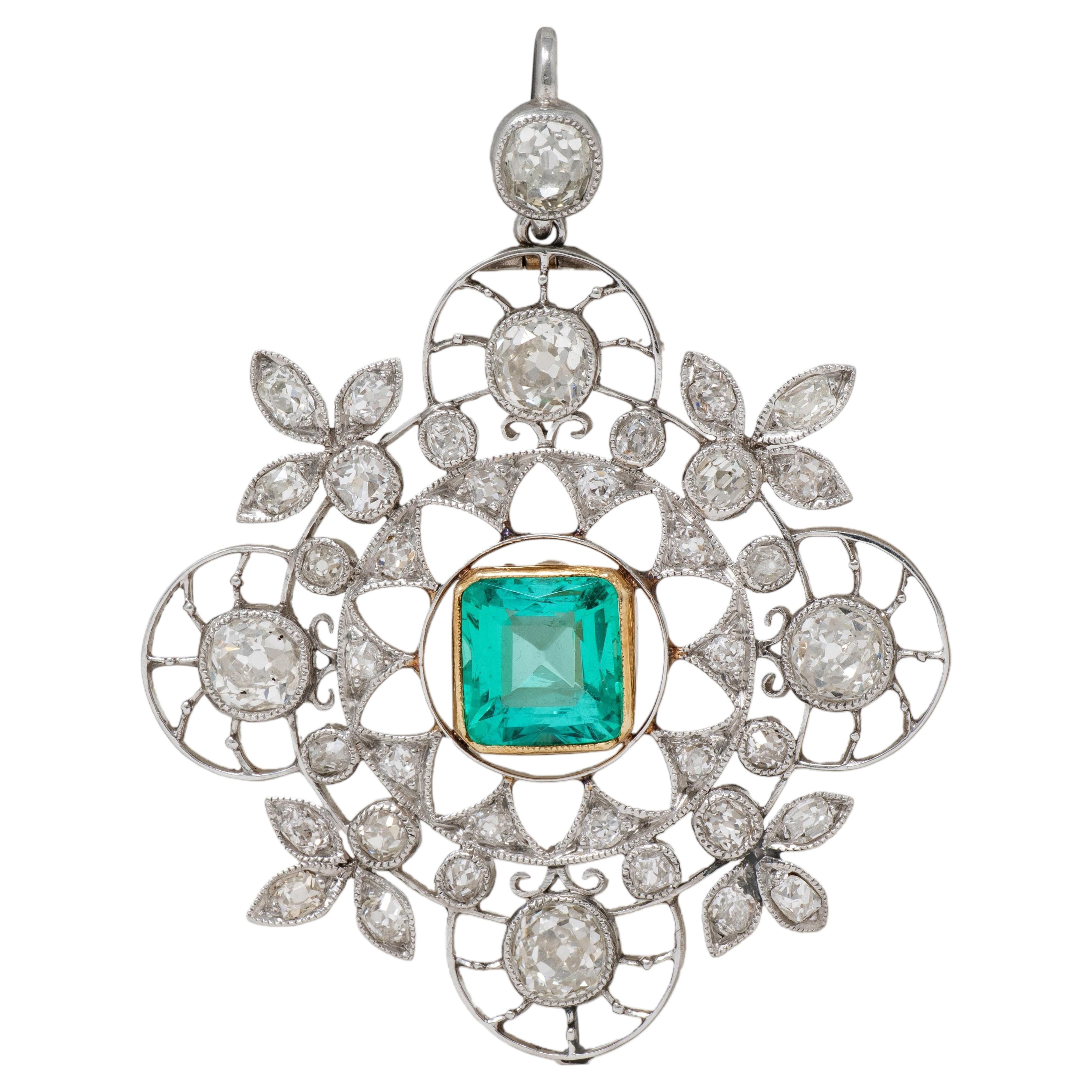 Art Deco 5.09 CTW Emerald Diamond Platinum 18K Gold Vintage Quatrefoil Pendant
